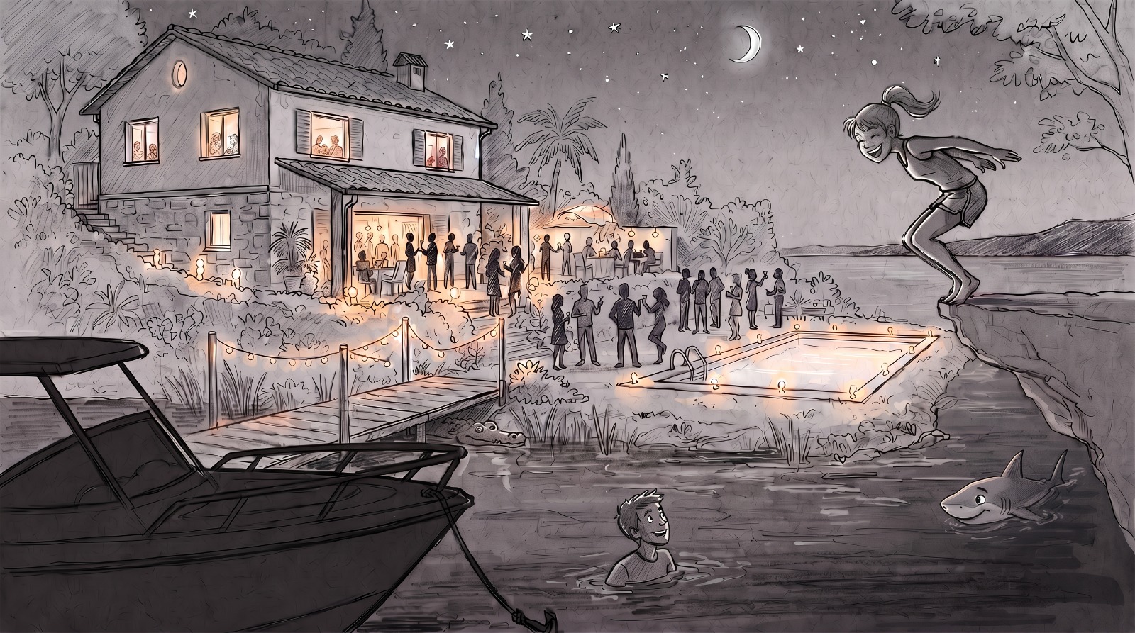 Ilustración de la fiesta de boda junto a la casa, con luces cálidas, piscina y lago